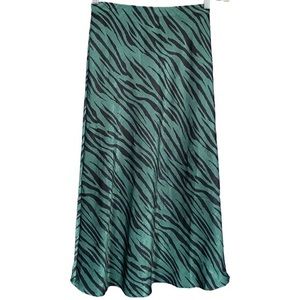 Zebra Print black and green satin‎ midi skirt